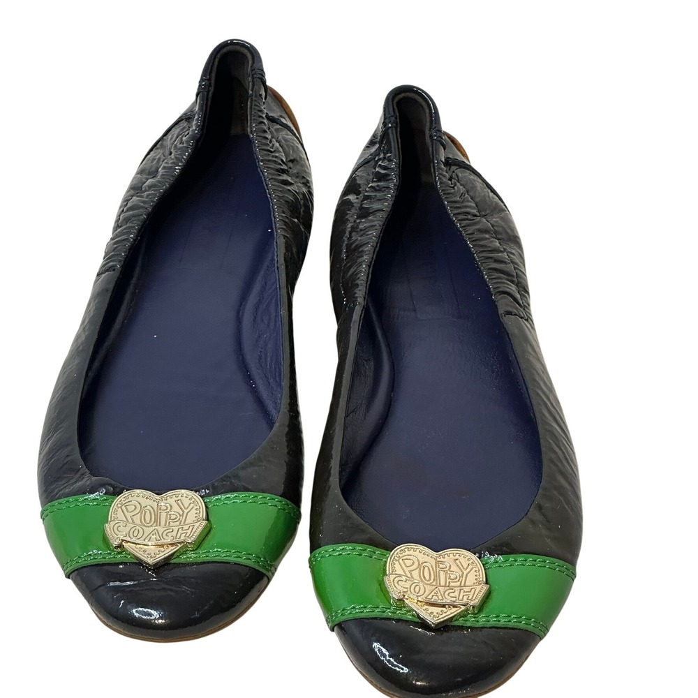 Coach Poppy Ballet Flats Women 7 Black Green Heart Logo Q3066